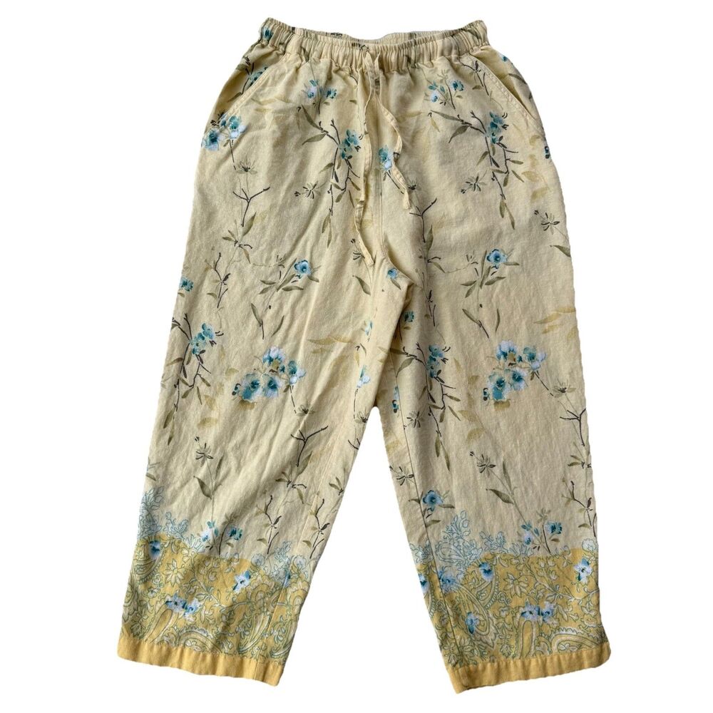 Erika Linen Blend Pants Women’s Size Medium Yellow Floral Cottage Prairie Summer
